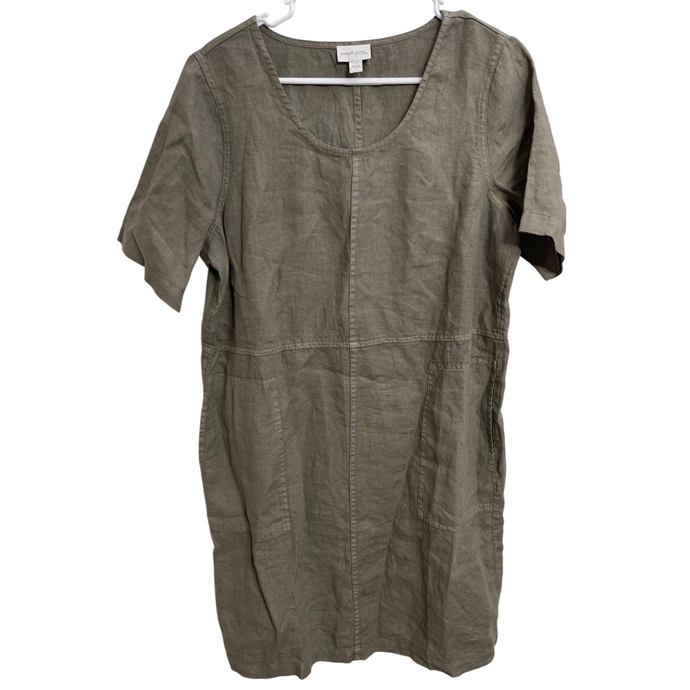 Pure Jill 100% Linen Shift Dress Olive Green Garment Dyed Lagenlook Size M - Picture 1 of 4